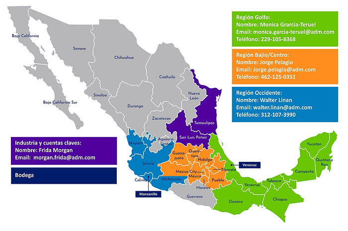 Map showing Mexico ADM warehouse locations