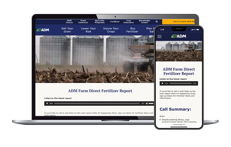 computer and iphone mockup with the ADM fertilizer web page on the screens